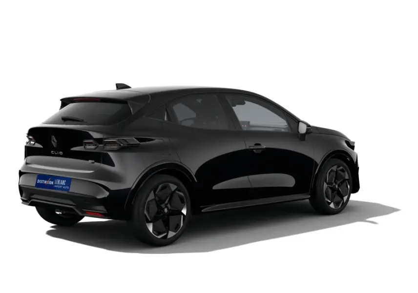 Renault Clio Techno full hybrid noir vue 3/4 arrière droit, avec jantes noires et feux LED distinctifs.