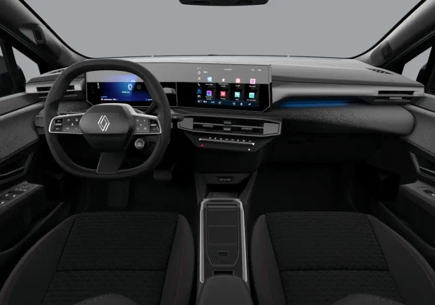 Vue intérieure avant de la Renault Clio Techno full hybrid 2026, tableau de bord noir avec écran tactile large et éclairage d'ambiance bleu.