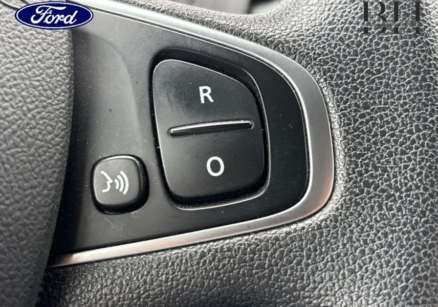 Gros plan sur les boutons de commande vocale et radio au volant d'un véhicule, finition noire texturée.