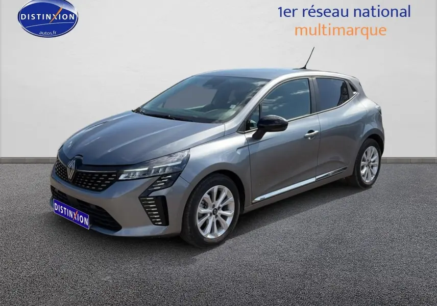 Renault Clio V gris foncé vue 3/4 avant droit, avec phares LED et jantes alliage 16 pouces.