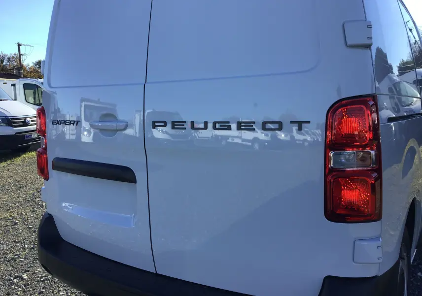 Vue arrière droite d'un Peugeot Expert Fourgon blanc 2024 avec feux rouges et logo distinctif sur porte battante.