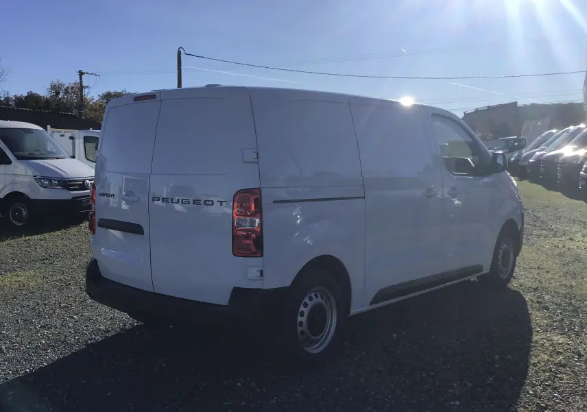 Vue 3/4 arrière droite d’un Peugeot Expert Fourgon blanc 2024, avec portes arrière fermées sur un parking extérieur.
