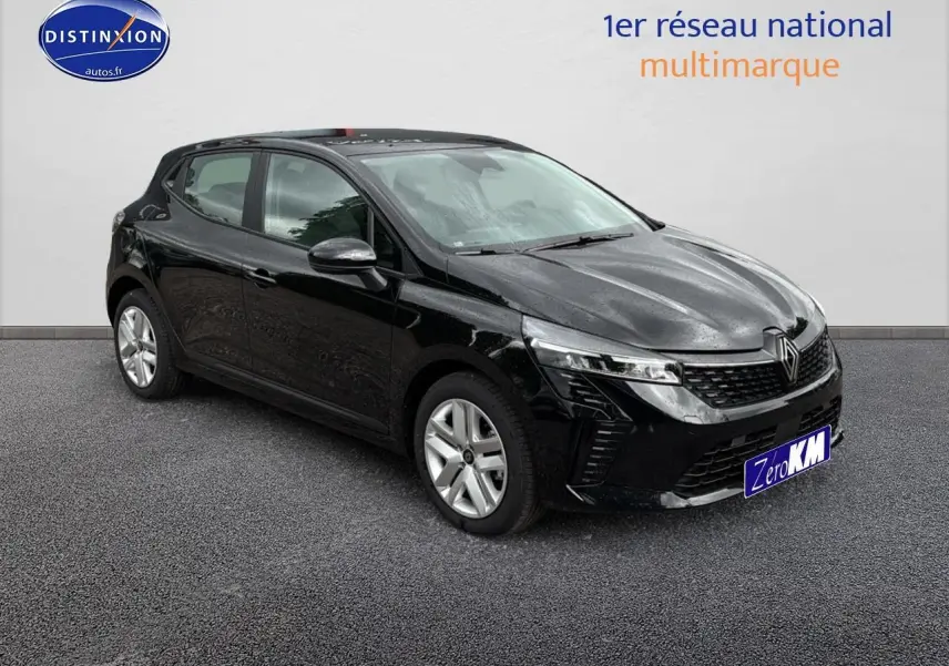 Renault Clio V noire vue 3/4 avant droit avec phares LED et jantes alliage argentées.