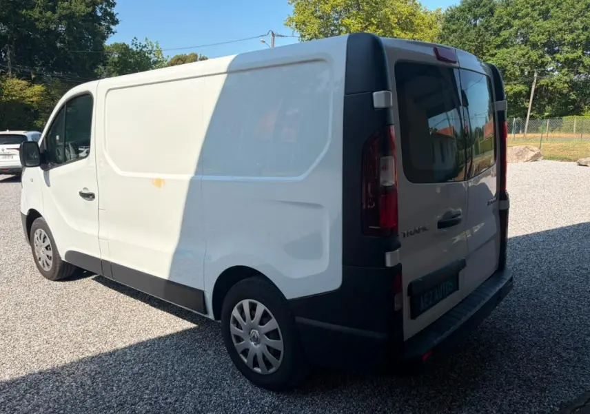 Vue 3/4 arrière droite d’un Renault Trafic Fourgon blanc de 2018, avec portes arrière vitrées et jantes tôles.