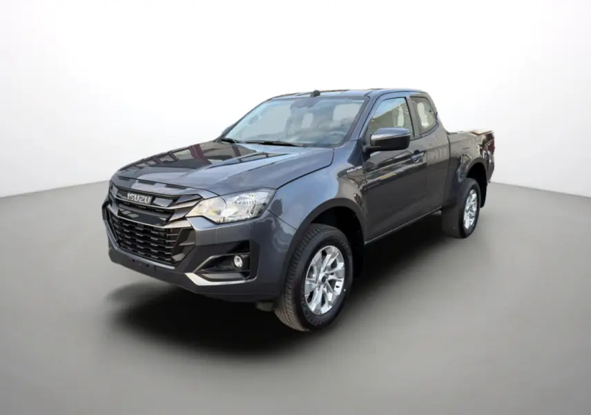Isuzu D-MAX 2.2 TD 164 Space Evolution gris obsidian, vue 3/4 avant droit avec jantes alu 18 pouces.