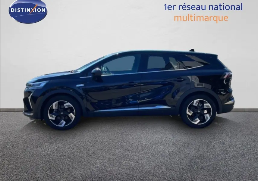 Profil droit du Renault Symbioz 2025 noir étoile métal, SUV hybride avec jantes alliage bicolores et lignes fluides.