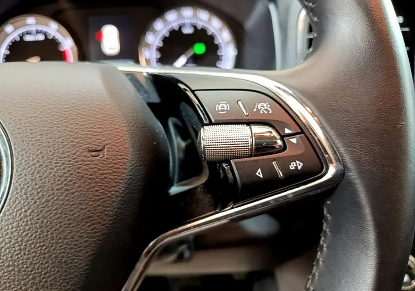 Gros plan sur les commandes multifonctions à droite du volant cuir noir du Skoda Karoq 2022, tableau de bord flou en arrière-plan.