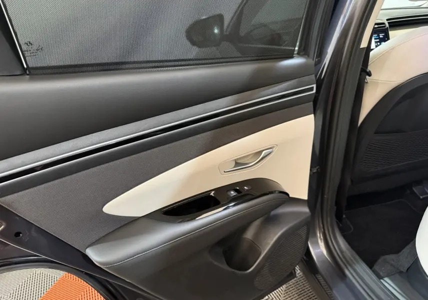 Vue intérieure côté gauche de la porte arrière grise foncée du Hyundai Tucson 1.6 Hybrid 230 Executive avec habillage bicolore.