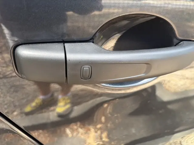 Poignée de porte côté conducteur du Renault Trafic Fourgon gris foncé avec bouton de déverrouillage intégré.