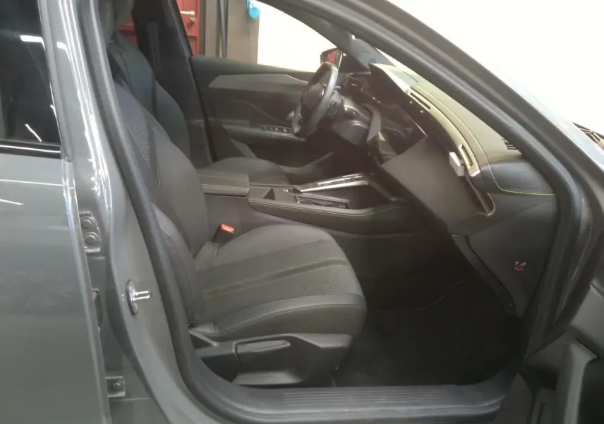 Gros plan sur l'emblème Peugeot noir et argent sur la porte gris selenium côté gauche du véhicule.