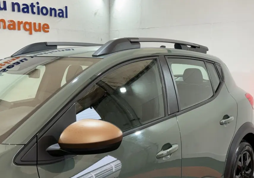 Vue latérale gauche d'une Dacia Sandero Extreme+ 2024 vert avec rétroviseur couleur bronze et barres de toit grises.