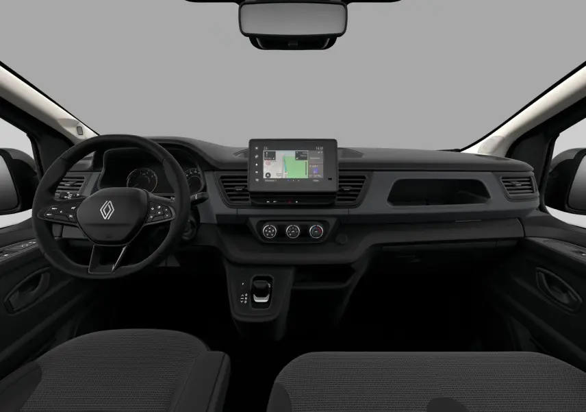 Vue intérieure avant du Renault Trafic Combi 2026, tableau de bord noir avec écran tactile central et volant multifonction.