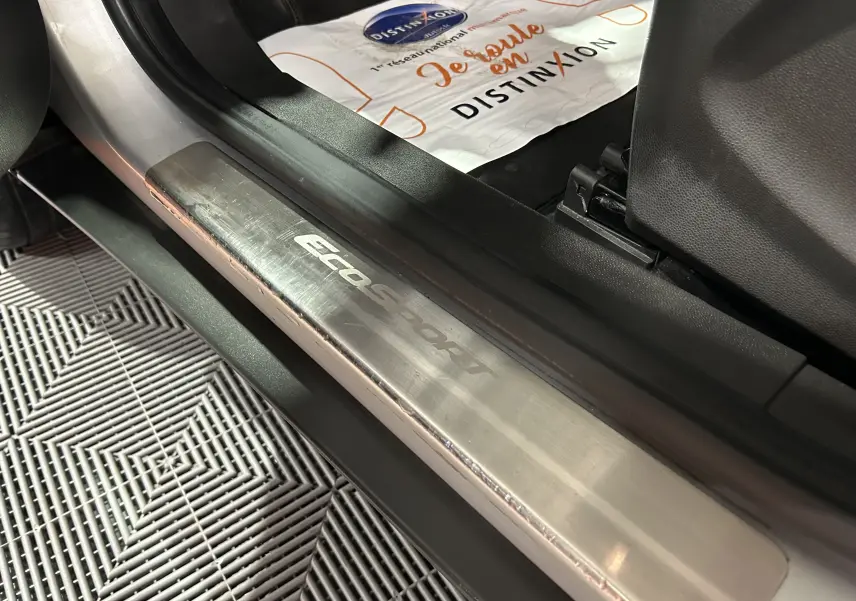 Gros plan sur la plaque de seuil de porte avant gauche du Ford EcoSport gris, mettant en valeur le logo EcoSport.
