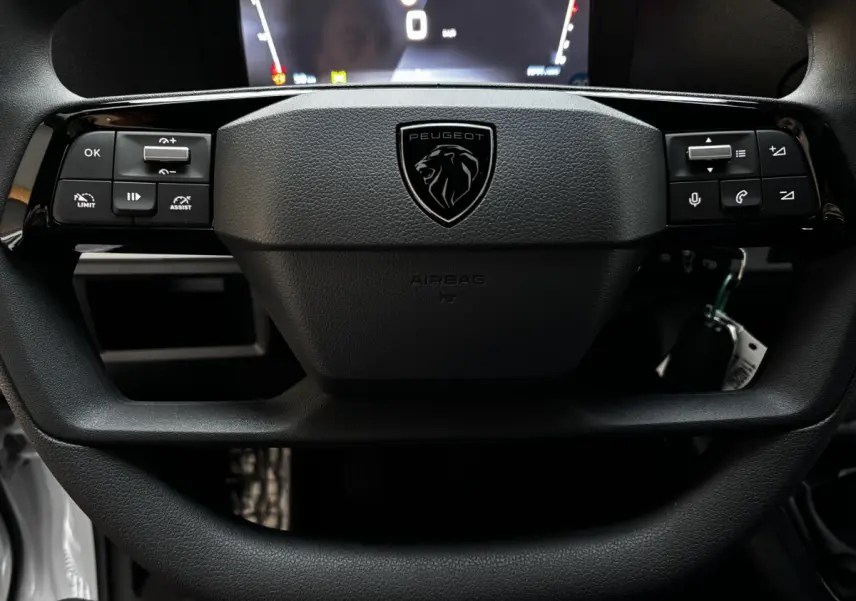 Gros plan sur le volant noir multifonctions du Peugeot Expert Fourgon 2025 avec logo lion central et commandes intégrées.