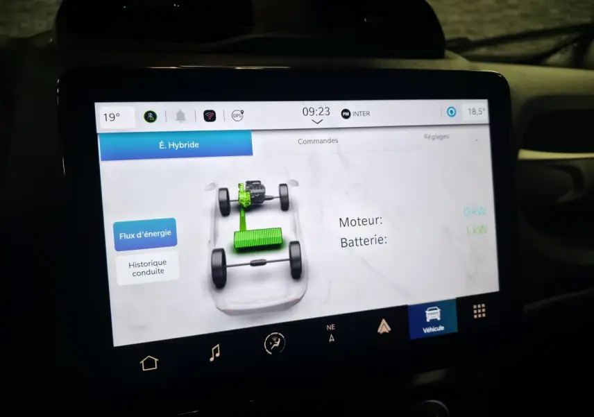 Écran tactile intérieur du Jeep Renegade 2024 montrant le flux d'énergie hybride en mode É. Hybride.