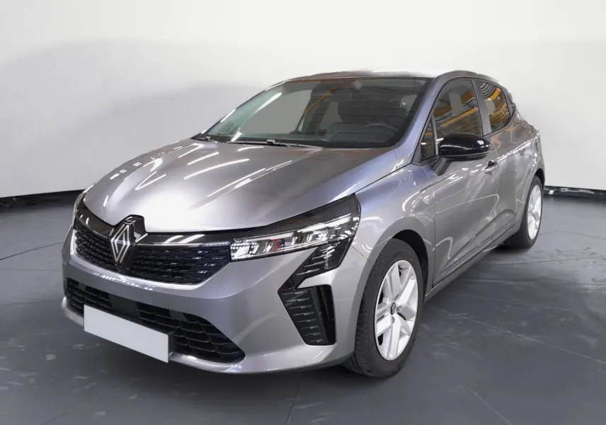 Renault Clio V E-Tech gris schiste vue 3/4 avant droit, avec projecteurs LED et calandre noire brillante.