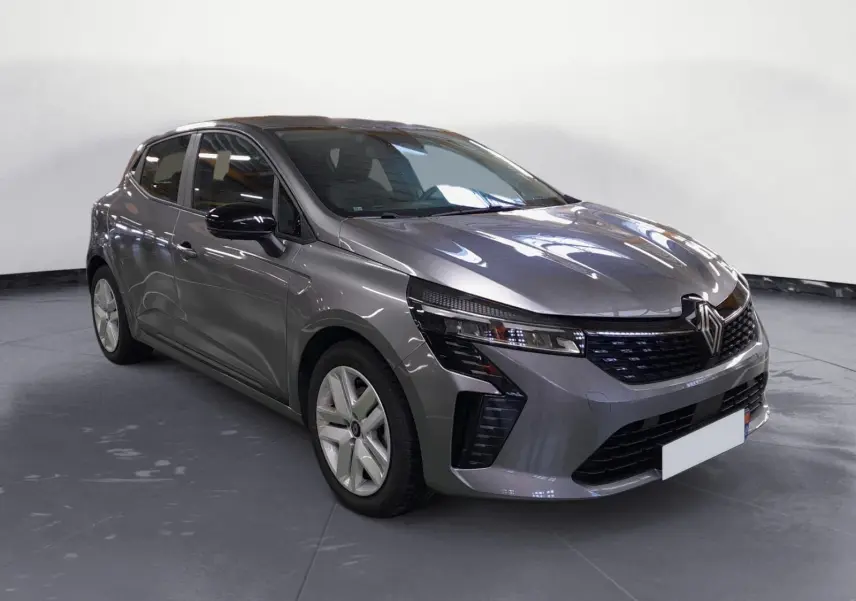 Renault Clio V E-Tech gris schiste vue 3/4 avant avec projecteurs LED et jantes alliage modernes.