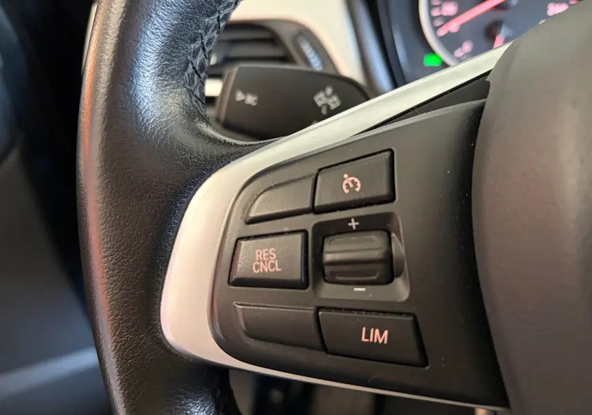 Gros plan sur les commandes de régulateur de vitesse du volant cuir noir d’une BMW X1 20i S-DRIVE SPORT LINE 2018.