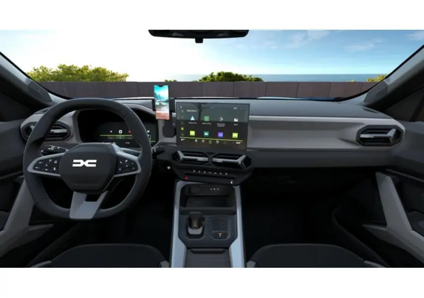 Vue intérieure avant du tableau de bord du Dacia Bigster 2026 avec écran tactile central et volant multifonction noir.