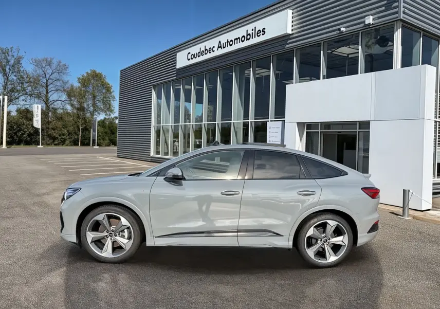 Audi Q4 e-tron gris galet en profil droit, avec jantes 19 pouces à 5 branches, devant un bâtiment moderne.