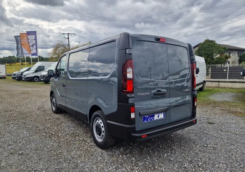 Renault Trafic Fourgon gris urbain vu en 3/4 arrière droit sur un parking avec plusieurs autres véhicules utilitaires.