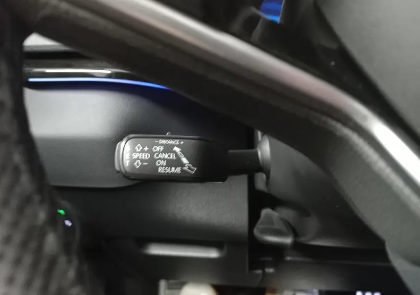 Gros plan sur la commande de régulateur de vitesse du SKODA KAROQ gris argent, côté gauche du volant.