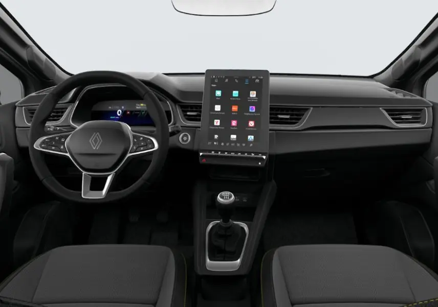 Vue intérieure frontale du tableau de bord noir du Renault Symbioz 2025 avec écran tactile vertical et volant multifonction.