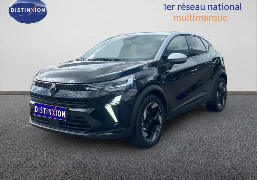 Renault Captur 2025 noir étoile métal avec toit gris, vue 3/4 avant droit, jantes noires distinctives.