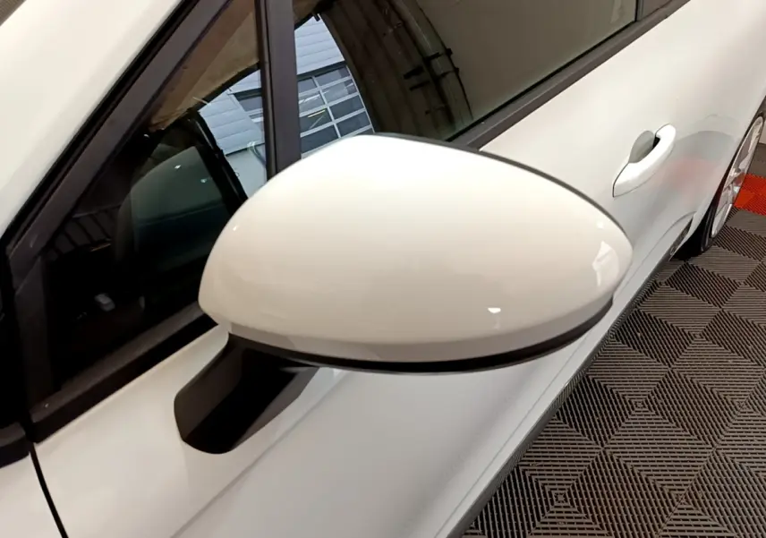 Rétroviseur côté gauche blanc de la Renault Clio Business TCe 100 2020, vue rapprochée sur porte et poignée.