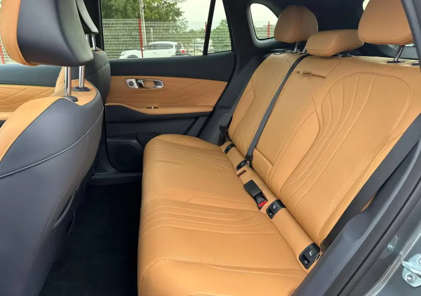 Vue latérale de l'intérieur arrière du Geely STARRAY 2026 avec sièges en cuir beige et panneaux de porte assortis.