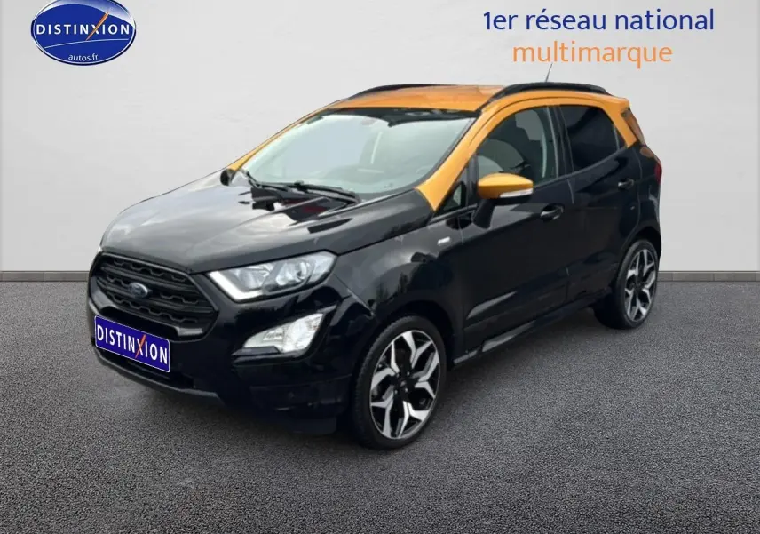 Ford EcoSport 1.0 Ecoboost noir avec toit et rétroviseurs jaunes, vue 3/4 avant côté gauche.
