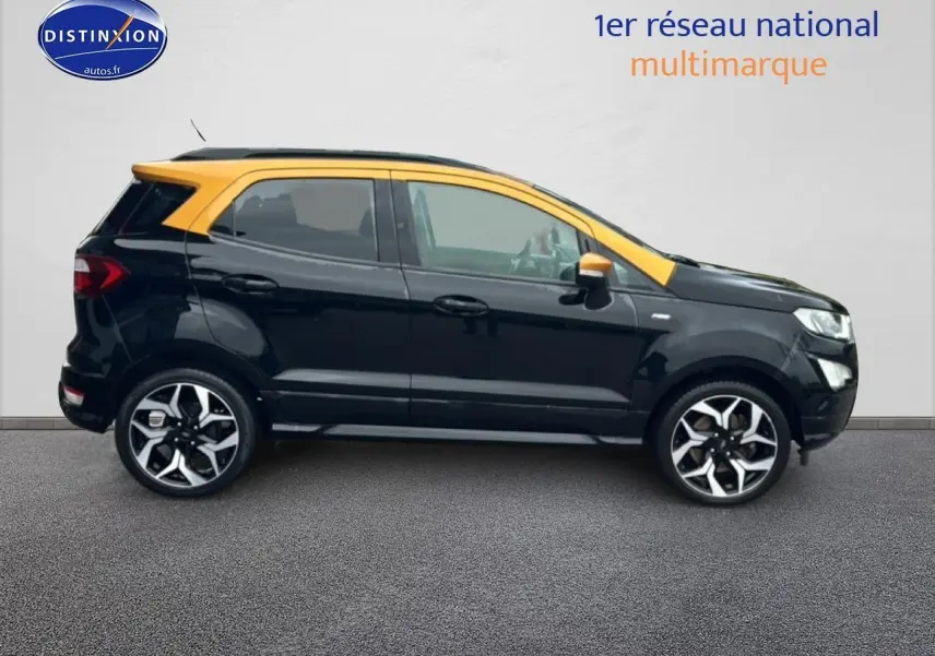 Ford EcoSport 1.0 Ecoboost 125 ST-Line noir avec toit et rétroviseurs jaunes, vue profil côté gauche.