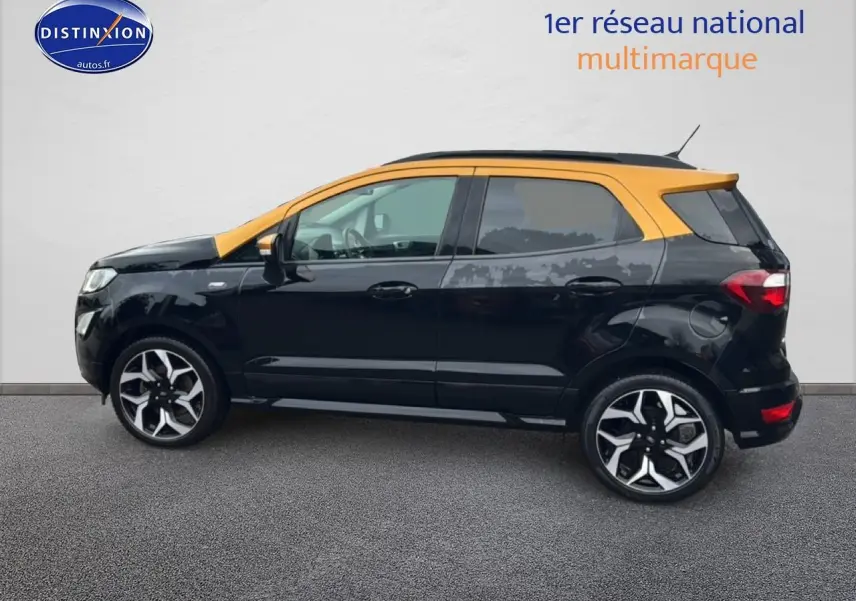 Ford EcoSport 1.0 Ecoboost 125 ST-Line noir avec toit orange, vue profil côté gauche, jantes alu distinctives.