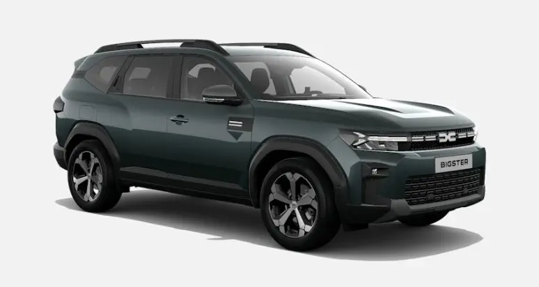 SUV Dacia Bigster Hybrid 155 Journey vert cèdre en vue 3/4 avant droit avec calandre marquée et jantes spécifiques.