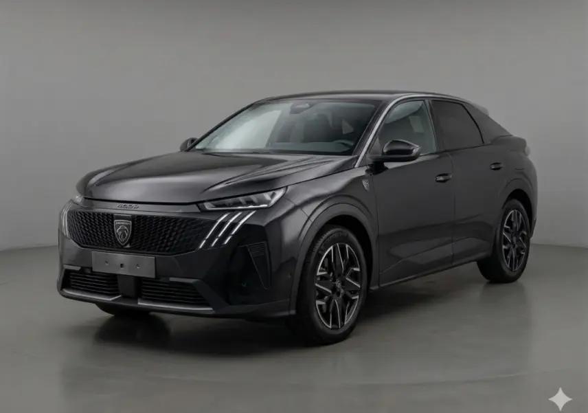 Peugeot 3008 Hybrid 145 e-DCS6 GT noir, vue 3/4 avant droit, jantes alliage 19 pouces et toit ouvrant visibles.