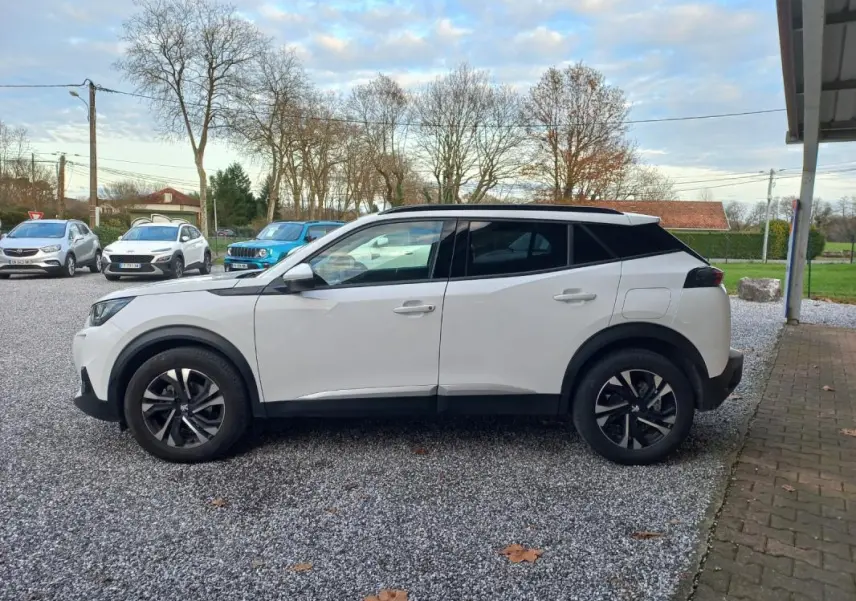 Peugeot 2008 blanc vue de profil côté gauche, avec toit noir et jantes alliage distinctives.