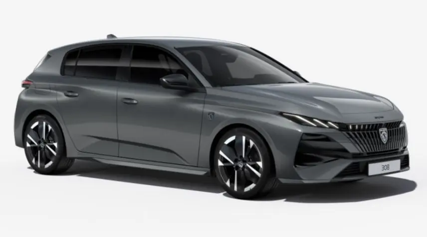 Peugeot 308 Gris Sélénium en vue 3/4 avant droit, avec calandre noire distinctive et jantes alliage 18'' bi-ton.