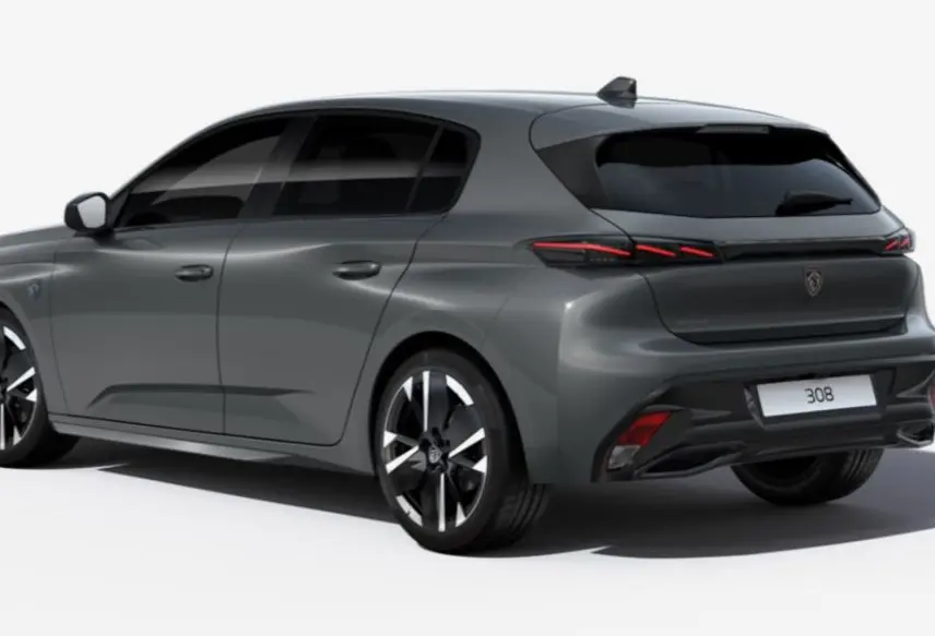 Peugeot 308 gris sélénium vue 3/4 arrière droit, jantes alliage 18'' bi-ton et feux arrière LED griffés.