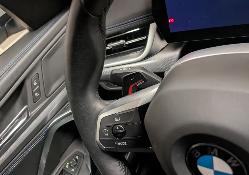 Gros plan intérieur sur le volant cuir M noir avec commandes multifonctions et détails bleus sur la portière côté gauche.