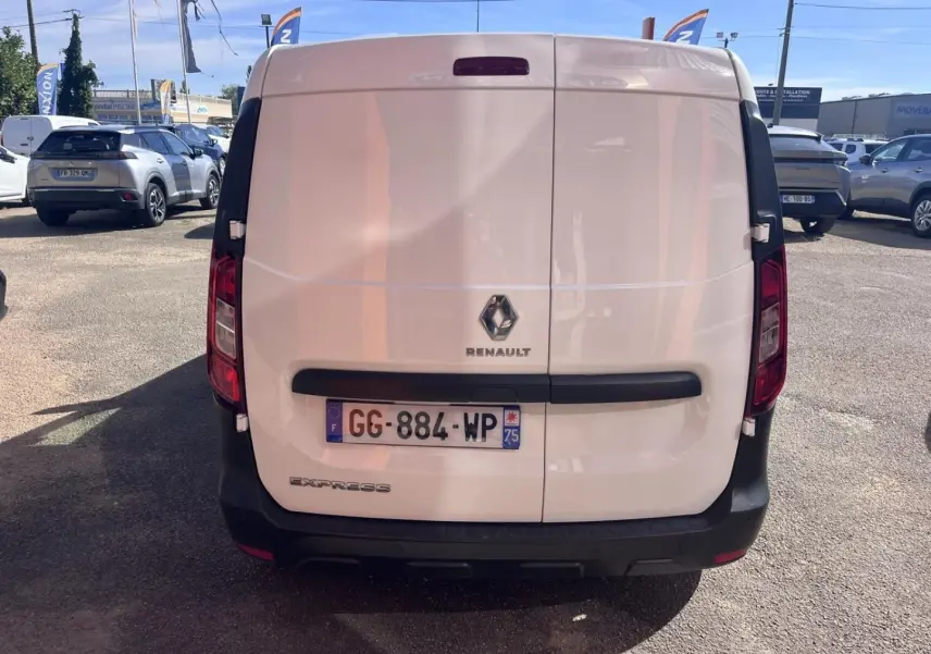 Vue arrière du Renault Express Van blanc Glacier avec porte arrière double et logo Renault visible.