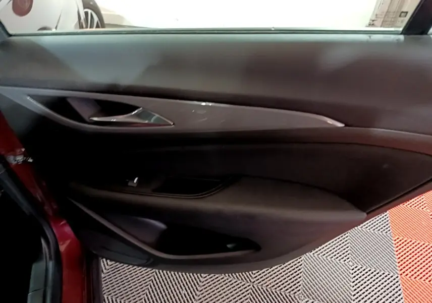 Vue intérieure côté gauche de la porte avant rouge d’une Opel Insignia 2019 avec poignée chromée et garniture noire.