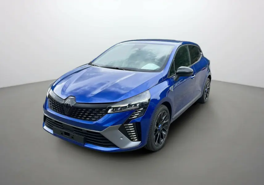 Renault Clio V E-Tech 145 Esprit Alpine bleu iron vue 3/4 avant droit avec jantes noires distinctives