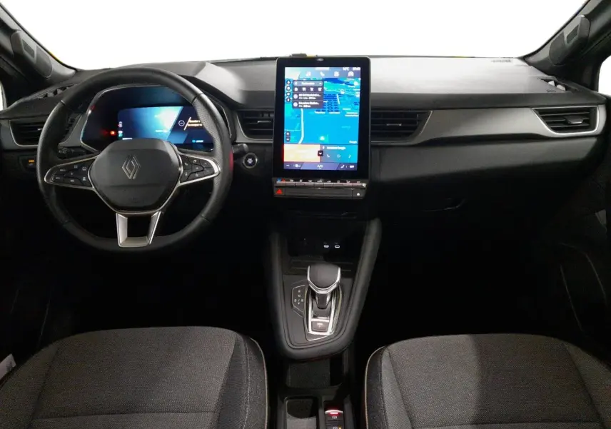 Vue intérieure avant du Renault Symbioz E-Tech Full Hybrid 145 avec tableau de bord numérique et écran tactile vertical.
