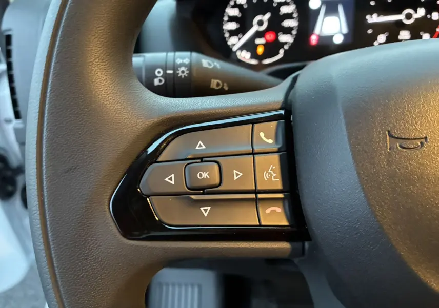 Gros plan sur les commandes multifonctions noires du volant côté gauche du Fiat Ducato Fourgon blanc 2025.