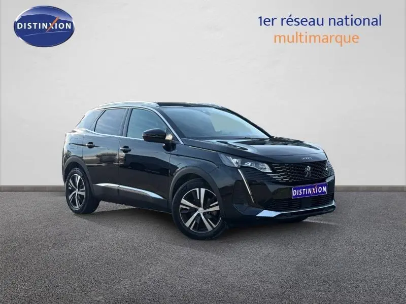 Peugeot 3008 2024 bleu Célèbes avec toit noir, vue 3/4 avant droit, calandre et jantes distinctives GT.