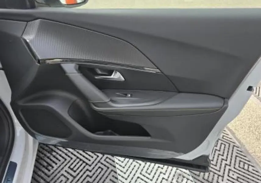Porte côté gauche ouverte d’un Peugeot 2008 blanc Okenite, intérieur noir avec insert carbone et haut-parleur intégré.