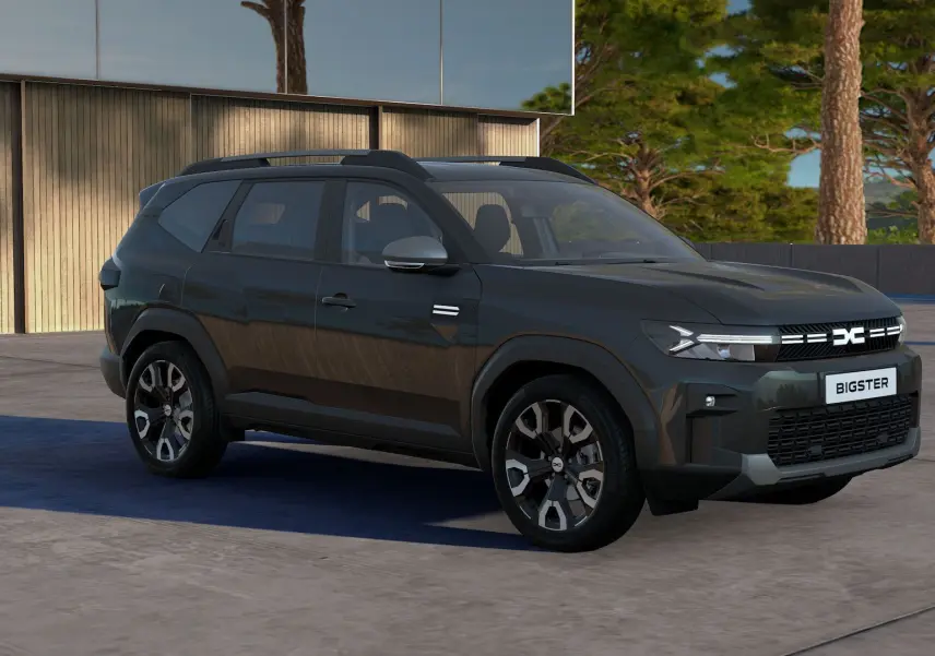SUV Dacia Bigster Hybrid 155 Journey noir nacré en 3/4 avant droit, avec calandre lumineuse et jantes distinctives.