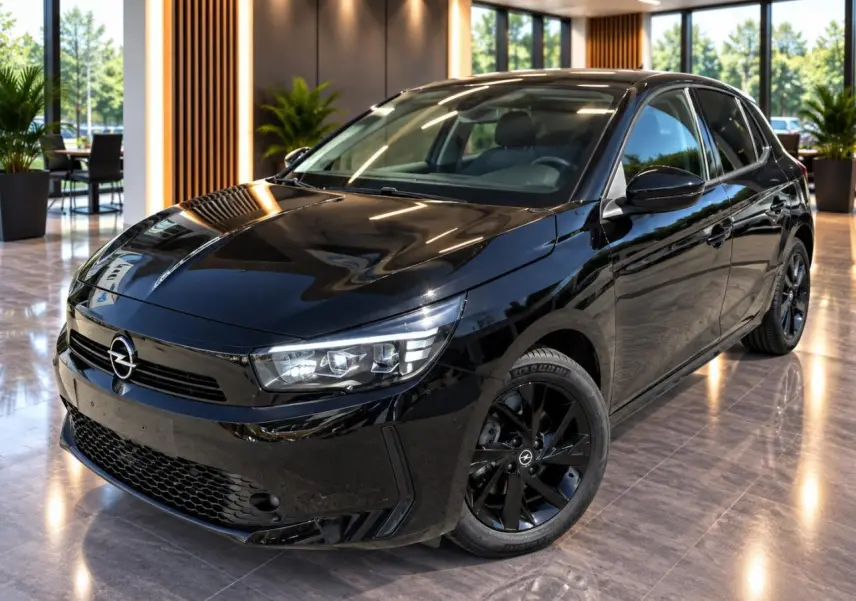 Opel Corsa 2025 noir perla nera vue 3/4 avant intérieur showroom avec jantes noires brillantes.