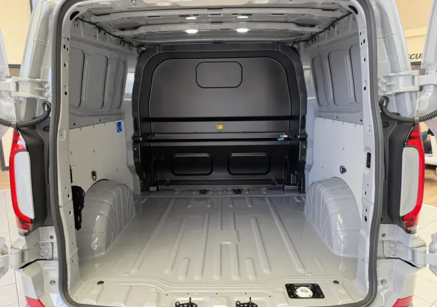 Vue arrière ouverte du Volkswagen Transporter T7 ProCab gris Stone, montrant l'espace de chargement vide et les portes battantes.