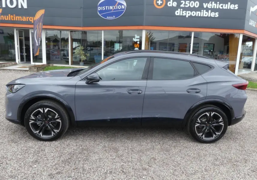 Profil côté gauche d'un CUPRA Formentor gris Graphène avec jantes alliage noires et coques de rétroviseurs noires.